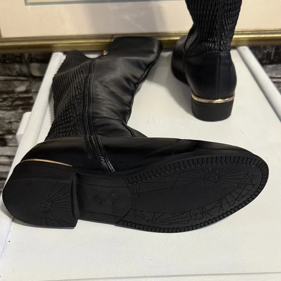 Black Knee-High Women's Boots features zipper on side and gold around the heels - Picture 9 of 11